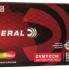 Federal Syntech Action Pistol 9mm Luger 150 Grain ammunition box resting on a neutral background