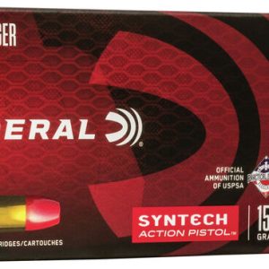 Federal Syntech Action Pistol 9mm Luger 150 Grain ammunition box resting on a neutral background