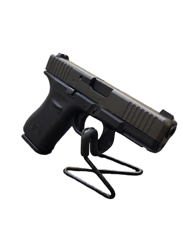 Glock 19 Gen 5 compact 9mm pistol on a stand for dispay for custumers who want to buy glock 19 gen 5 online