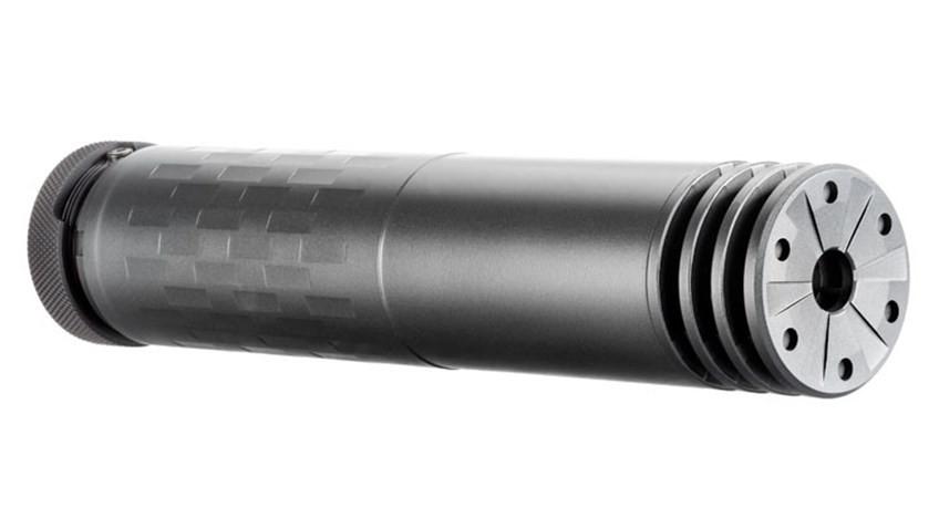 SilencerCo Omega 300 rifle suppressor side profile on a neutral background