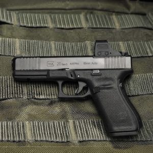 Glock 20 Gen 5 MOS 10mm semi-auto pistol side profile resting on a neutral background